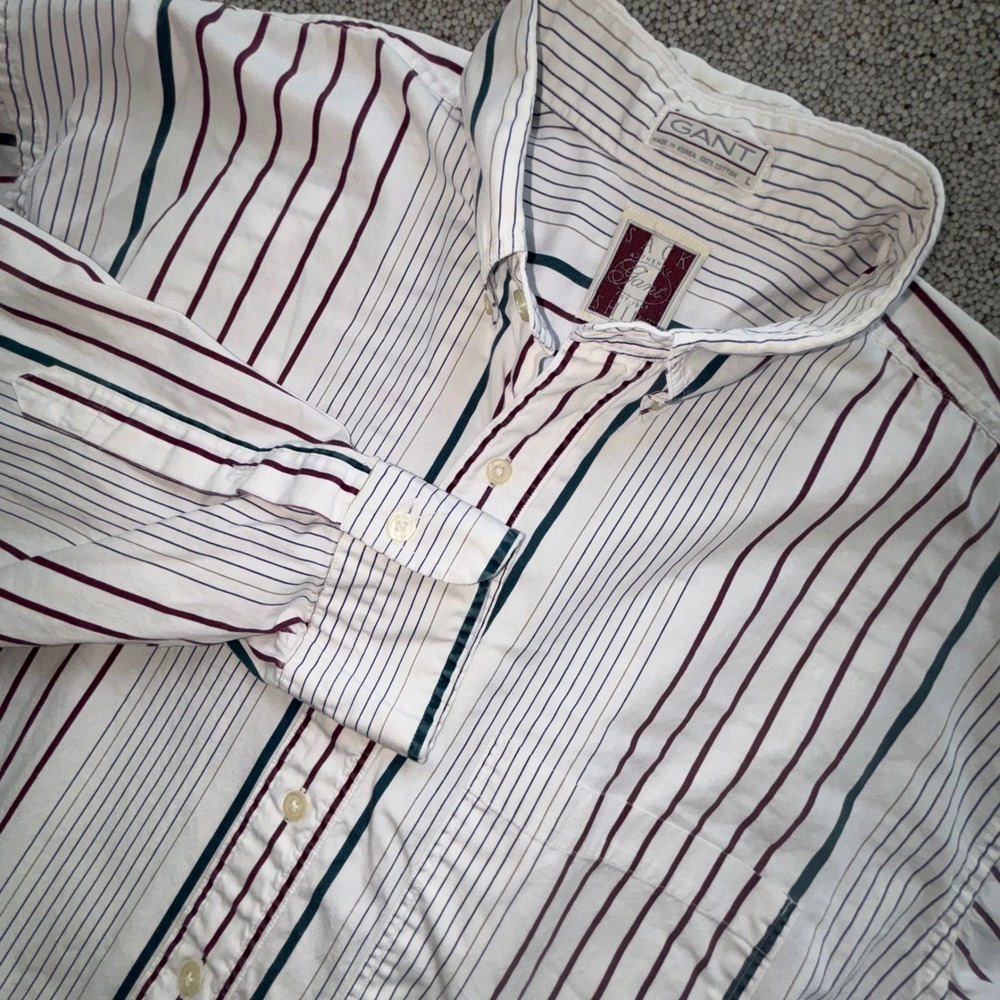 VTG Gant Button Down Sack Shirt‎ Mens L White Striped Long Sleeve Preppy Retro